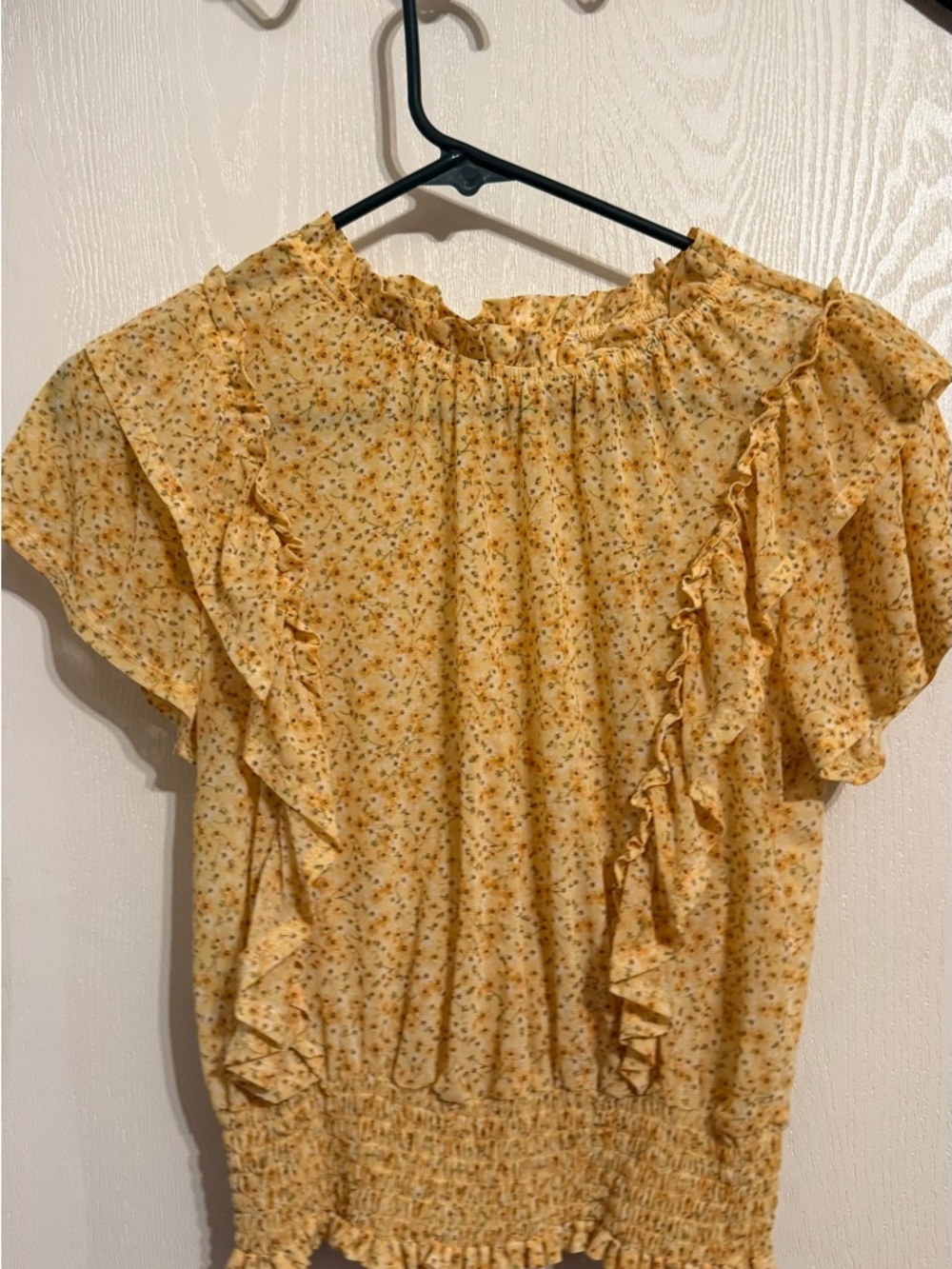 Yellow Floral Ruffle Smocked-Waist Blouse